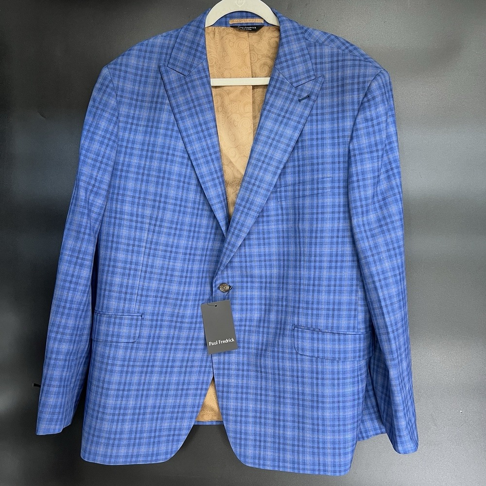New! Paul Frederick Wool Blue Plaid  Single Breasted Blazer, Sport Coat 50R